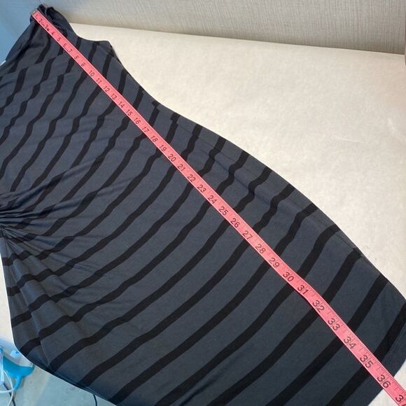 Loft Sheath Dress Sleeveless Black Gray Stripe Small Drape Neck Gathered Side - Picture 10 of 11